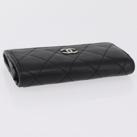 CHANEL Matelasse Card Case Lamb Skin Black Silver CC Auth 197949M