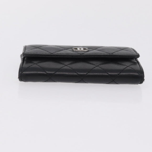 CHANEL Matelasse Card Case Lamb Skin Black Silver CC Auth 197949M