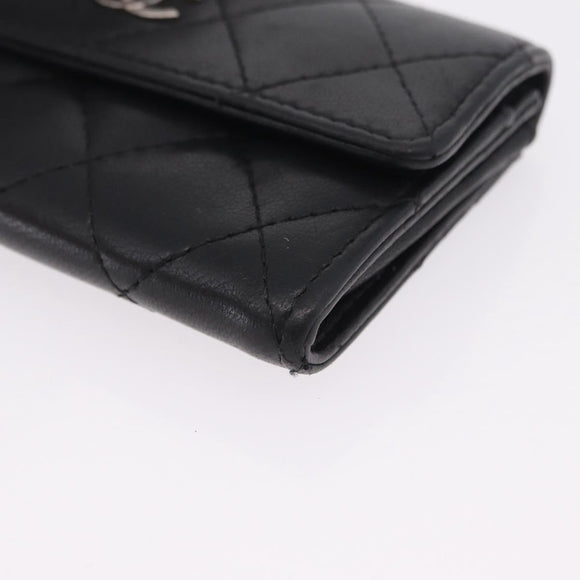 CHANEL Matelasse Card Case Lamb Skin Black Silver CC Auth 197949M