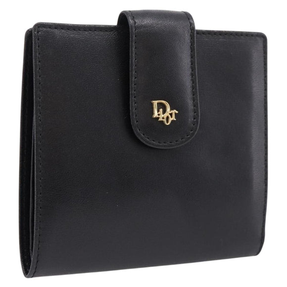 Christian Dior Bifold Wallet Leather Black Gold Auth 197957
