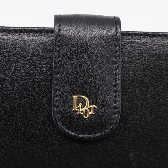 Christian Dior Bifold Wallet Leather Black Gold Auth 197957