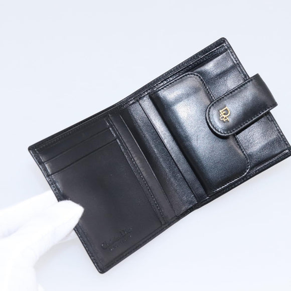 Christian Dior Bifold Wallet Leather Black Gold Auth 197957