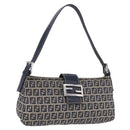 FENDI Zucchino Canvas Mamma Baguette Shoulder Bag Navy Silver Auth 198254V-1