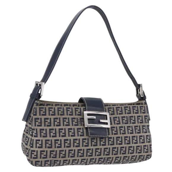 FENDI Zucchino Canvas Mamma Baguette Shoulder Bag Navy Silver Auth 198254V