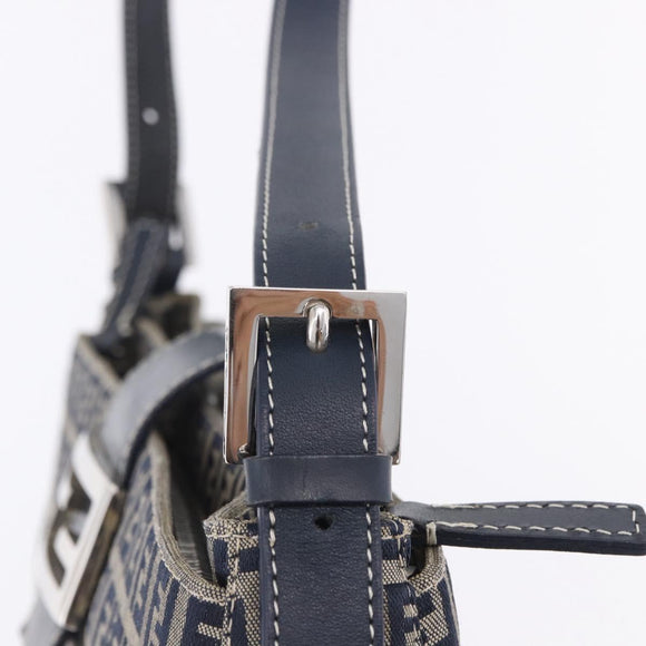 FENDI Zucchino Canvas Mamma Baguette Shoulder Bag Navy Silver Auth 198254V