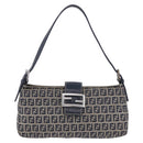 FENDI Zucchino Canvas Mamma Baguette Shoulder Bag Navy Silver Auth 198254V-13