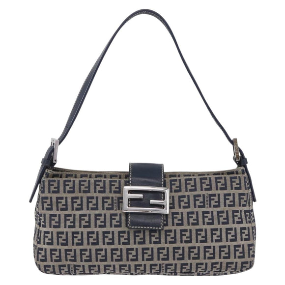 FENDI Zucchino Canvas Mamma Baguette Shoulder Bag Navy Silver Auth 198254V