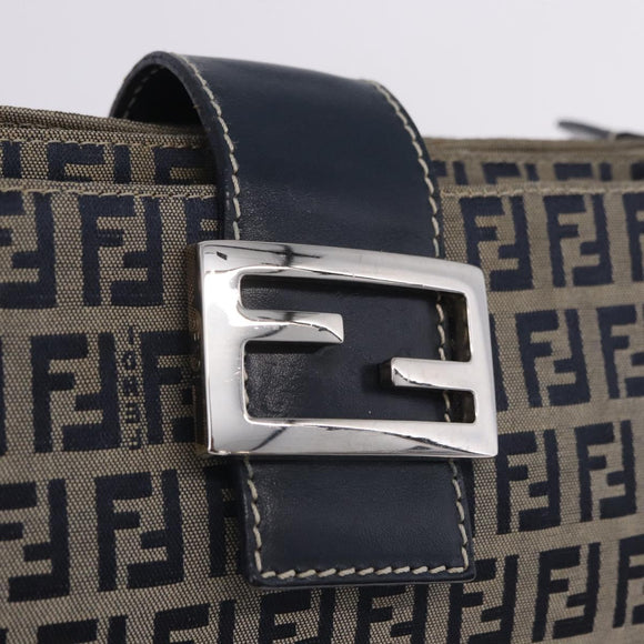 FENDI Zucchino Canvas Mamma Baguette Shoulder Bag Navy Silver Auth 198254V