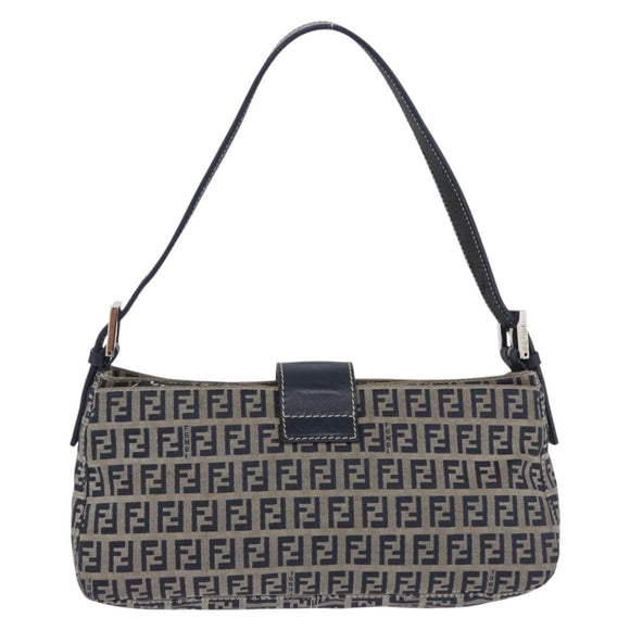 FENDI Zucchino Canvas Mamma Baguette Shoulder Bag Navy Silver Auth 198254V