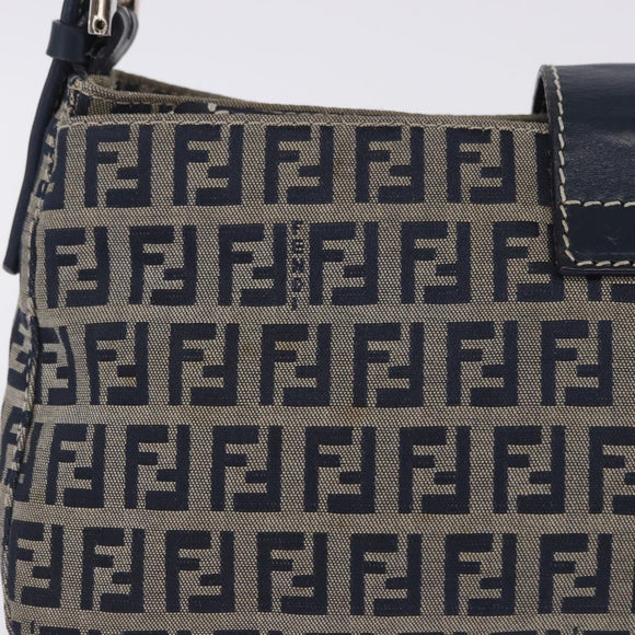 FENDI Zucchino Canvas Mamma Baguette Shoulder Bag Navy Silver Auth 198254V