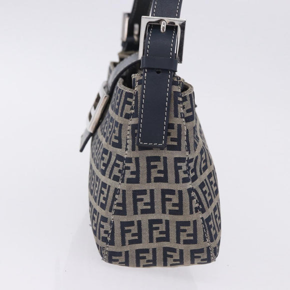 FENDI Zucchino Canvas Mamma Baguette Shoulder Bag Navy Silver Auth 198254V