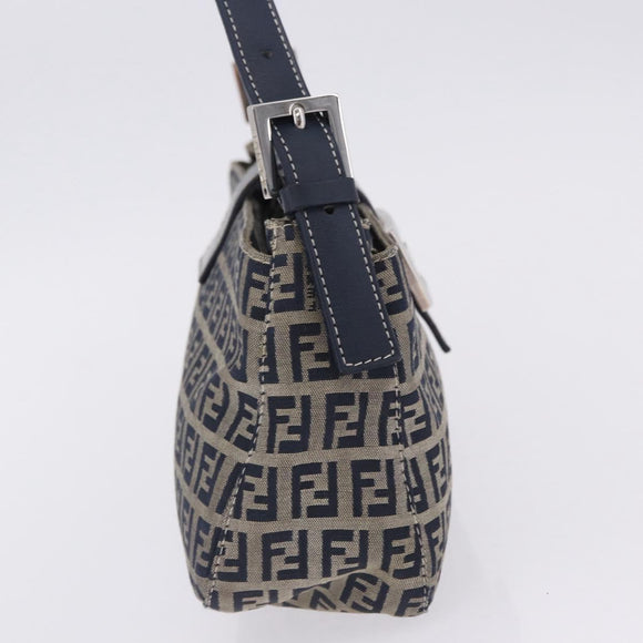 FENDI Zucchino Canvas Mamma Baguette Shoulder Bag Navy Silver Auth 198254V