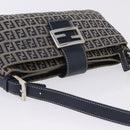FENDI Zucchino Canvas Mamma Baguette Shoulder Bag Navy Silver Auth 198254V-14