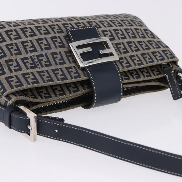 FENDI Zucchino Canvas Mamma Baguette Shoulder Bag Navy Silver Auth 198254V
