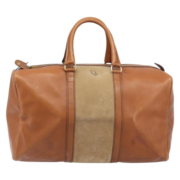 Christian Dior Boston Bag Suede Leather Gold Brown Auth 198280