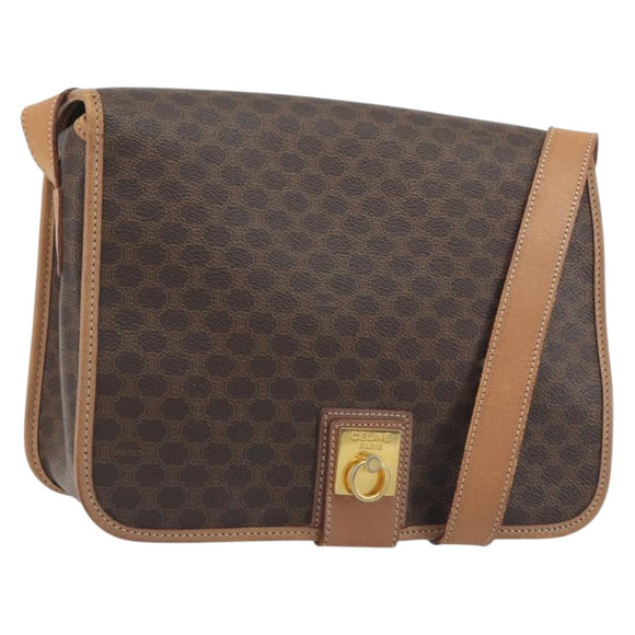 CELINE Macadam Canvas Shoulder Bag PVC Leather Brown Gold Auth 198300