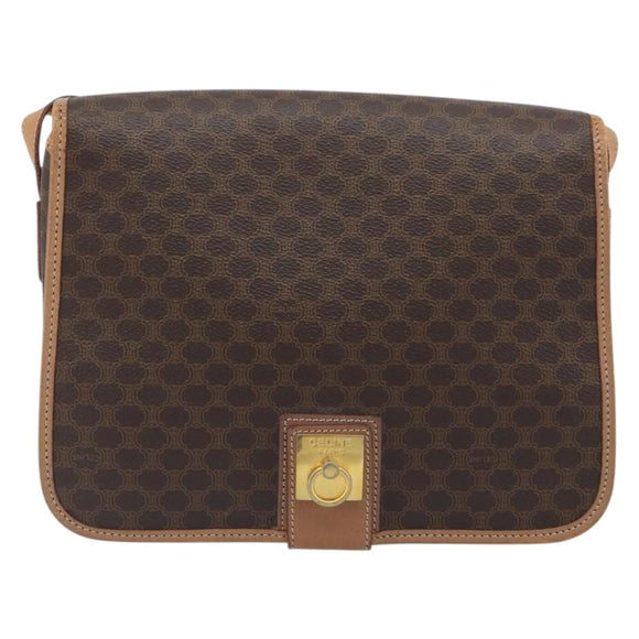 CELINE Macadam Canvas Shoulder Bag PVC Leather Brown Gold Auth 198300