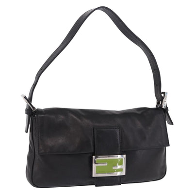 FENDI Mamma Baguette Shoulder Bag Leather Black Silver Auth 198301SAM