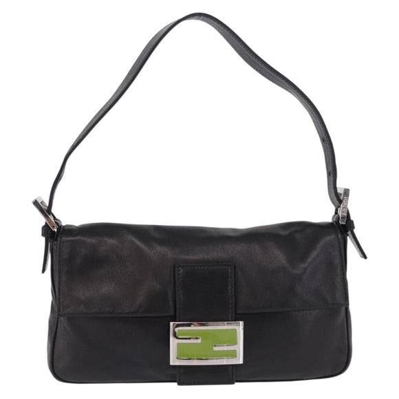 FENDI Mamma Baguette Shoulder Bag Leather Black Silver Auth 198301SAM