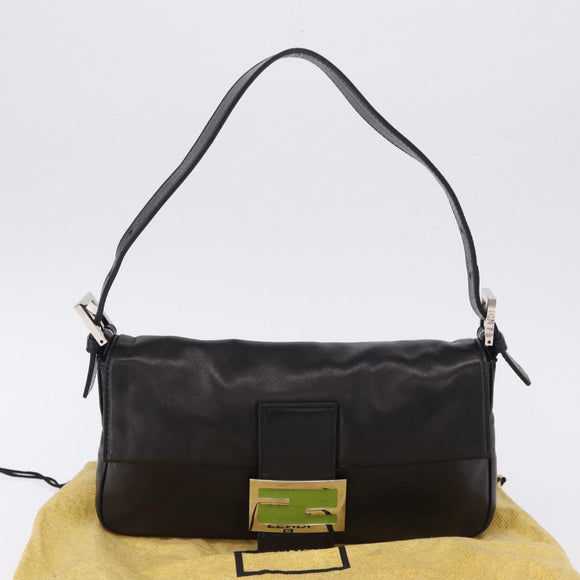 FENDI Mamma Baguette Shoulder Bag Leather Black Silver Auth 198301SAM