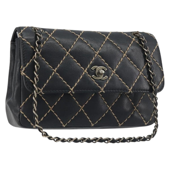 CHANEL Wild Stitch Chain Shoulder Bag Leather Black Gold CC Auth 198302V