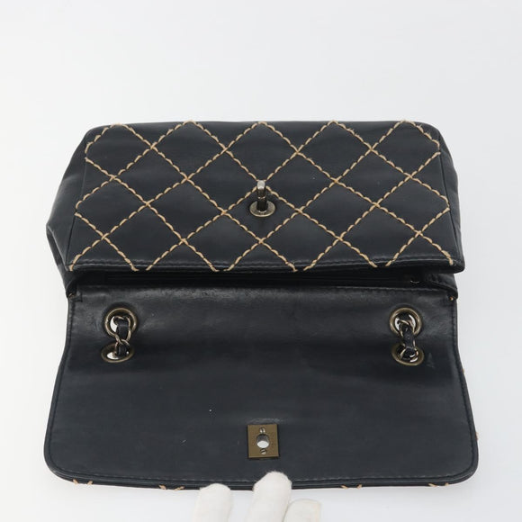 CHANEL Wild Stitch Chain Shoulder Bag Leather Black Gold CC Auth 198302V