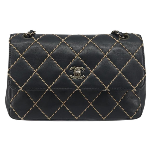 CHANEL Wild Stitch Chain Shoulder Bag Leather Black Gold CC Auth 198302V