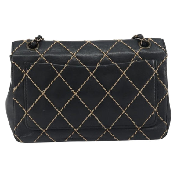 CHANEL Wild Stitch Chain Shoulder Bag Leather Black Gold CC Auth 198302V
