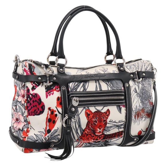 Salvatore Ferragamo Hand Bag Canvas 2way White Silver Auth 198313A