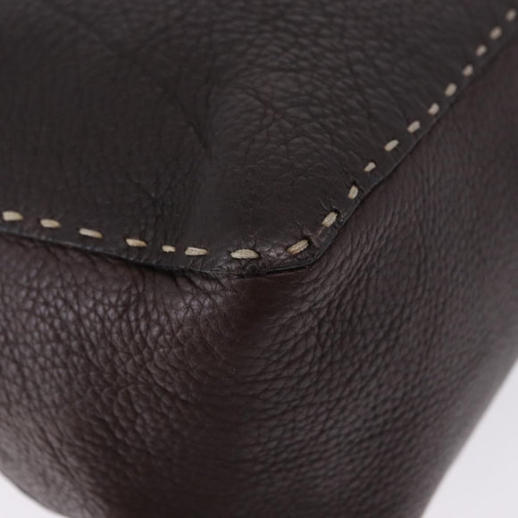 FENDI Celeria Shoulder Bag Leather Brown Silver Auth 198325