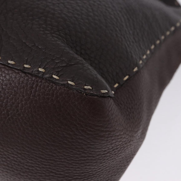 FENDI Celeria Shoulder Bag Leather Brown Silver Auth 198325