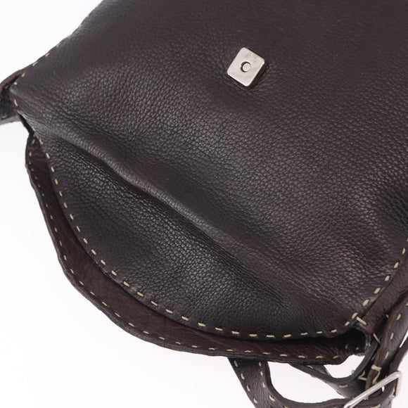 FENDI Celeria Shoulder Bag Leather Brown Silver Auth 198325