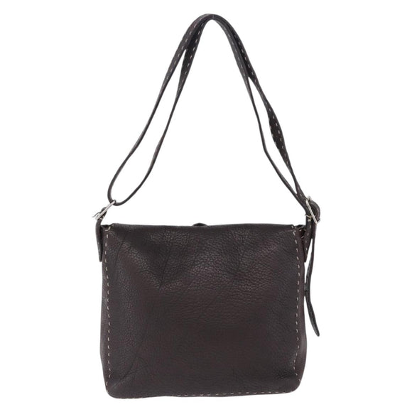 FENDI Celeria Shoulder Bag Leather Brown Silver Auth 198325