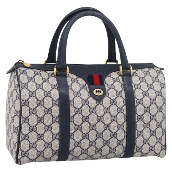 GUCCI GG Supreme Sherry Line Boston Bag PVC Navy Gold 40 02 007 Auth 198342
