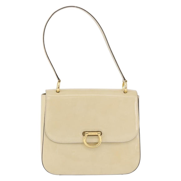 CELINE Shoulder Bag Patent Beige Gold Tone Auth 198345A