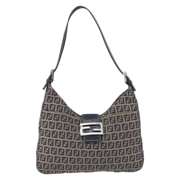 FENDI Zucchino Canvas Mamma Baguette Shoulder Bag Navy Silver Auth 198353V