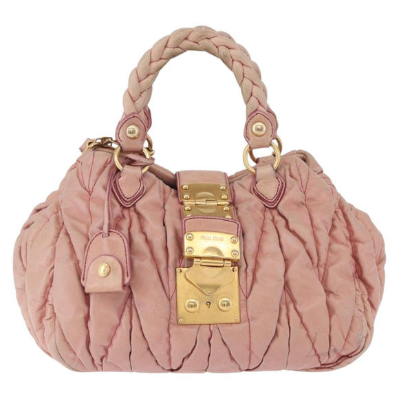 Miu Miu Matelasse Vitellolux Hand Bag Leather 2way Pink Gold Tone Auth 198354