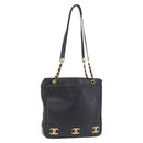 CHANEL Triple Coco Chain Shoulder Tote Bag Leather Black Gold CC Auth 198357-1