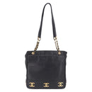 CHANEL Triple Coco Chain Shoulder Tote Bag Leather Black Gold CC Auth 198357-2