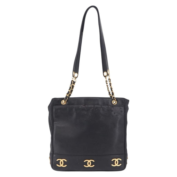 CHANEL Triple Coco Chain Shoulder Tote Bag Leather Black Gold CC Auth 198357