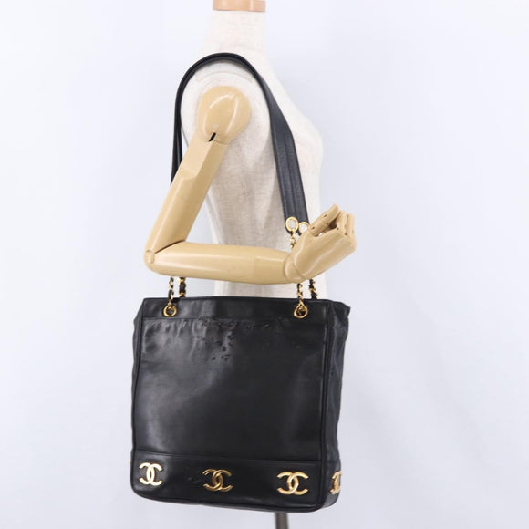 CHANEL Triple Coco Chain Shoulder Tote Bag Leather Black Gold CC Auth 198357