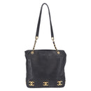 CHANEL Triple Coco Chain Shoulder Tote Bag Leather Black Gold CC Auth 198357-3