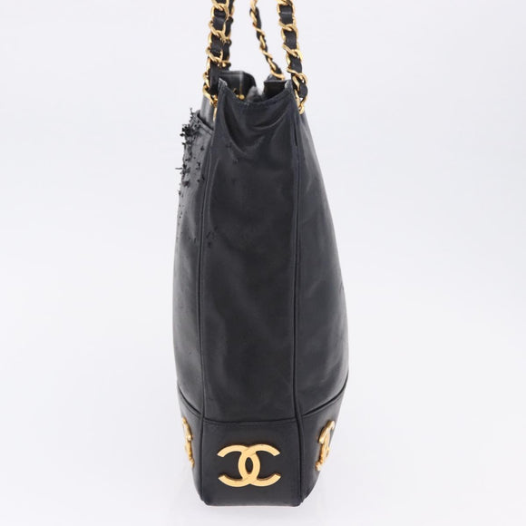 CHANEL Triple Coco Chain Shoulder Tote Bag Leather Black Gold CC Auth 198357