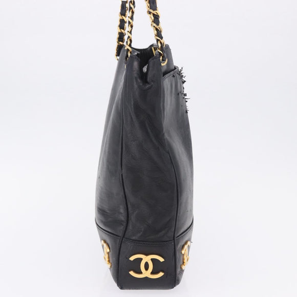 CHANEL Triple Coco Chain Shoulder Tote Bag Leather Black Gold CC Auth 198357