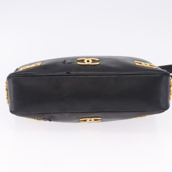 CHANEL Triple Coco Chain Shoulder Tote Bag Leather Black Gold CC Auth 198357