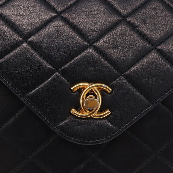 CHANEL Matelasse Chain Shoulder Bag Lamb Skin Black Gold Tone CC Auth 198373V