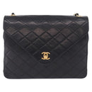 CHANEL Matelasse Chain Shoulder Bag Lamb Skin Black Gold Tone CC Auth 198373V-13