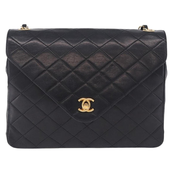 CHANEL Matelasse Chain Shoulder Bag Lamb Skin Black Gold Tone CC Auth 198373V