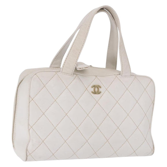 CHANEL Wild Stitch Hand Bag Leather White Gold Tone CC Auth 198377A