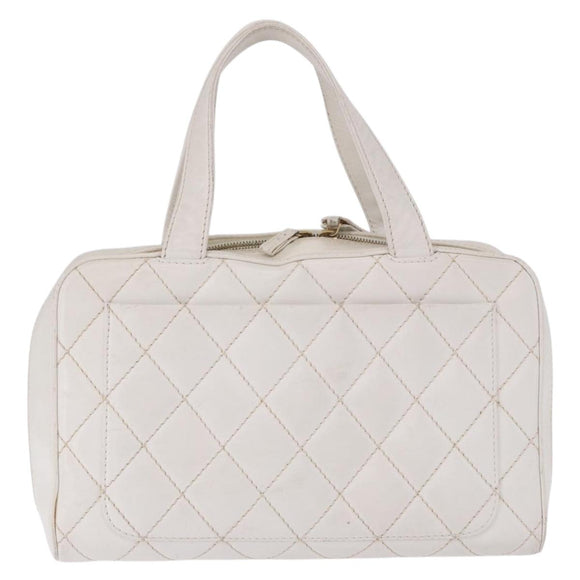 CHANEL Wild Stitch Hand Bag Leather White Gold Tone CC Auth 198377A